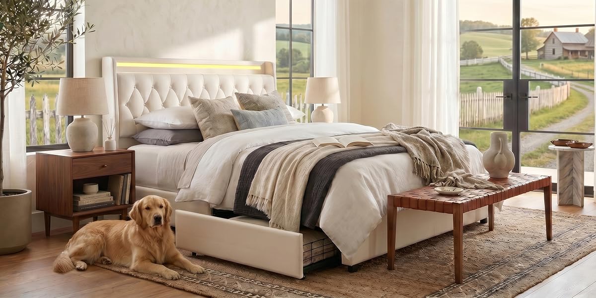 Jocoevol upholstered storage bed with an LED headboard and an open under-bed drawer, beside a walnut nightstand
