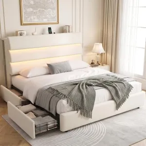Beige Full Size Bed Frame with 2 Storage Drawers & Headboard…