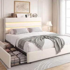 Beige Queen Size Bed Frame with 2 Storage Drawers&Headboard S…