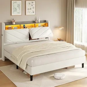 Beige Queen Size Velvet Bed Frame with Ergonomic Headboard