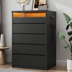 Black 5 Drawer Dresser for Bedroom with LED Light & Deep Drawers
