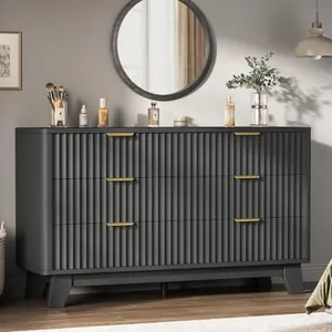 Fluted 6 Drawer Dresser for Bedroom, Black