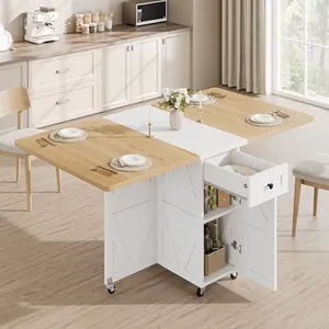 Folding Dining Table with Drawer and Wheels, Natural