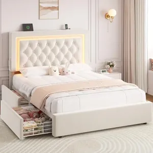 Full Bed Frame with Storage Drawers and LED Lights