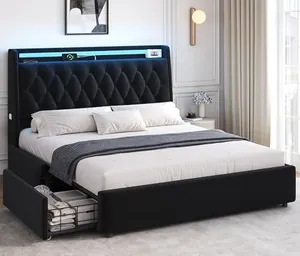 Full LED Velvet Bed Frame with 2 Storage Drawers&Hidden Headb…