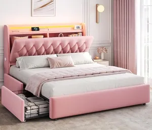Full LED Velvet Bed Frame with 2 Storage Drawers&Hidden Headb…