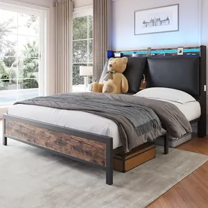Full Size Bed Frame with Adjustable Backrest Hidden Storage