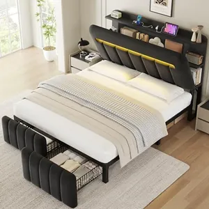 Full Size Bed Frame with Storage Headboard, Black