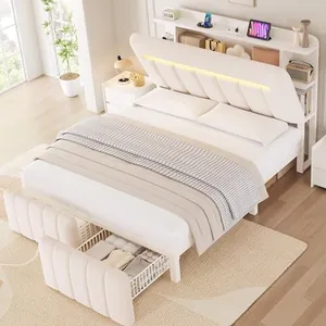 Full Size Bed Frame with Storage Headboard, White