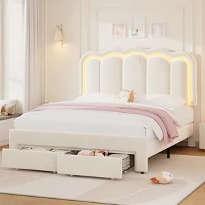 Full Upholstered LED Bed Frame with 2 Storage Drawers, Beige