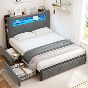 Full Upholstered LED Bed Frame with 2 Storage Drawers, Grey