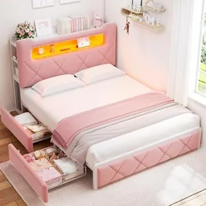 Full Upholstered LED Bed Frame with 2 Storage Drawers, Pink