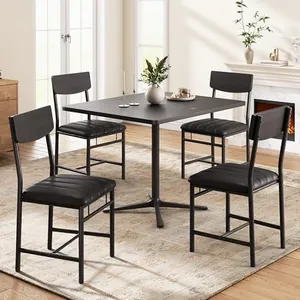Industrial Dining Chairs Set of 4, Black PU Leather