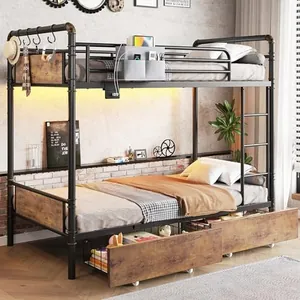 LED Metal Bunk Bed, Twin Over Twin with 2 Storage Drawers