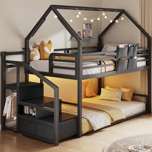 Metal Bunk Bed, Twin Over Twin with Storage Staircase