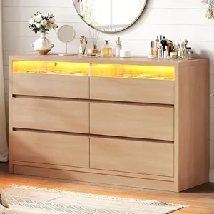Oak 6 Drawer Dresser for Bedroom with LED Light & Deep Drawers
