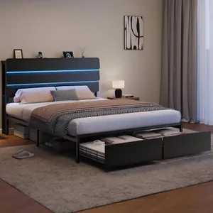Queen Bed Frame with Headboard and 2 Storage Drawers, Black