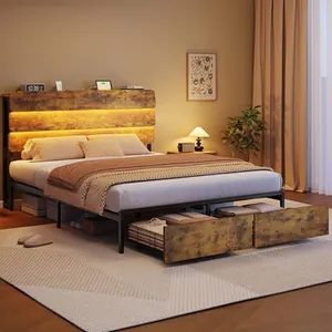 Queen Bed Frame with Headboard and 2 Storage Drawers, Rustic…