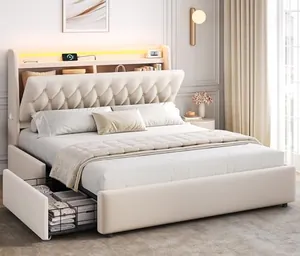 Queen LED Velvet Bed Frame with 2 Storage Drawers&Hidden Head…