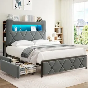 Queen Upholstered LED Bed Frame with 2 Storage Drawers