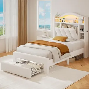 Twin Size Bed Frame with LED Storage Headboard & 2 Storage Dr…