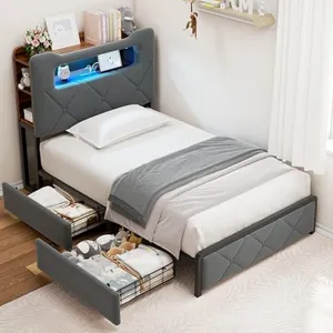 Twin Upholstered LED Bed Frame with 2 Storage Drawers