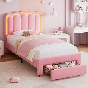 Twin Upholstered LED Bed Frame with Storage Drawer, Pink