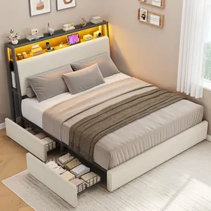 Upholstered Full LED Bed Frame with 2 Storage Drawers