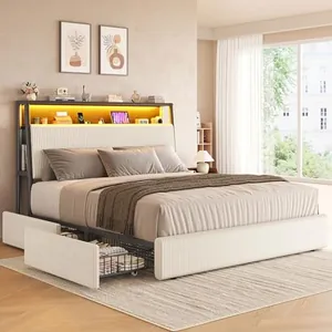Upholstered Queen LED Bed Frame with 2 Storage Drawers