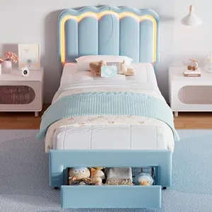 Velvet Upholstered Twin LED Bed Frame with Storage Drawer