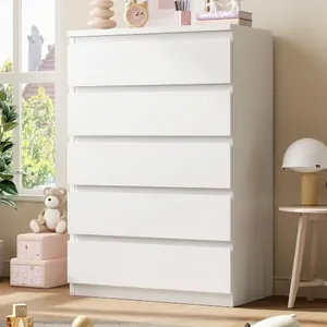 White 5 Drawer Dresser with Handleless Drawers